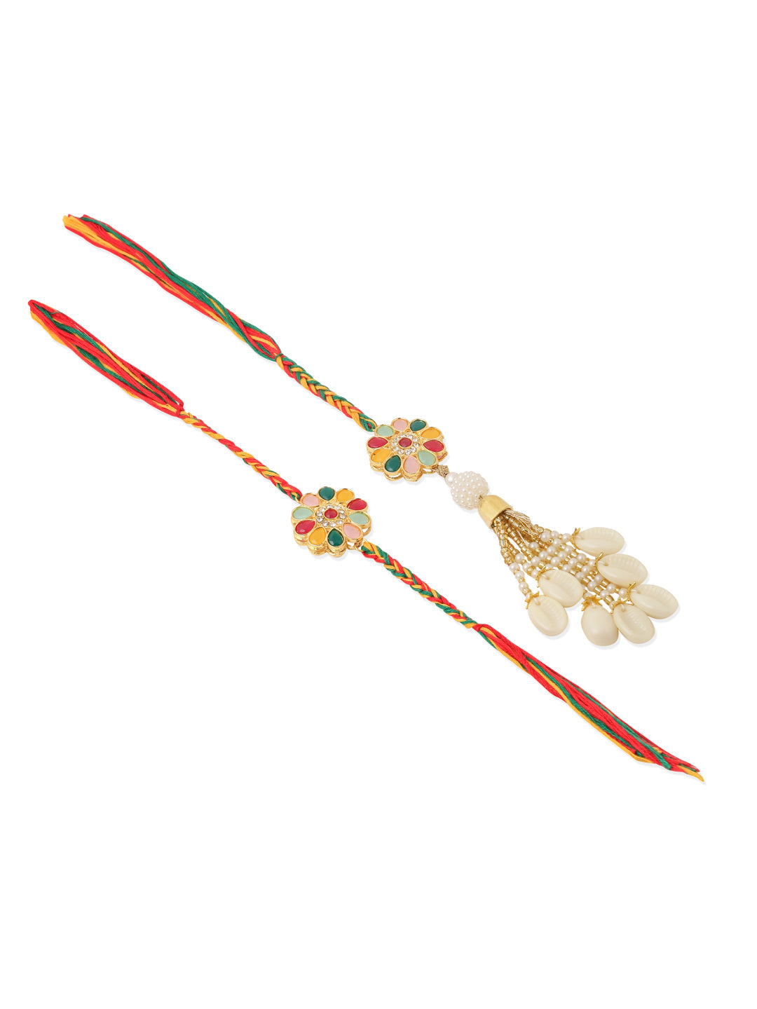 NVR Set of 2 Artificial Beads & Sea Shell Floral Design Bhaiya Bhabhi Rakhi Combo