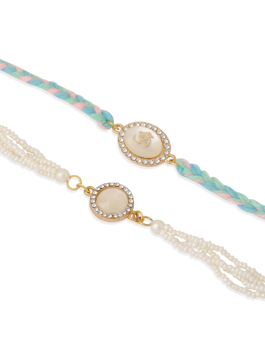NVR Set of 2 White Pearls & Artificial Beads Bhaiya Bhabhi Rakhi Set, Combo for Rakshabandhan