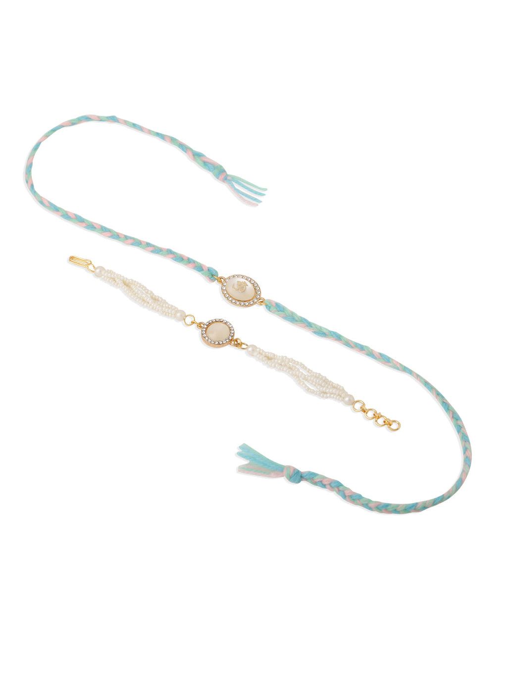 NVR Set of 2 White Pearls & Artificial Beads Bhaiya Bhabhi Rakhi Set, Combo for Rakshabandhan