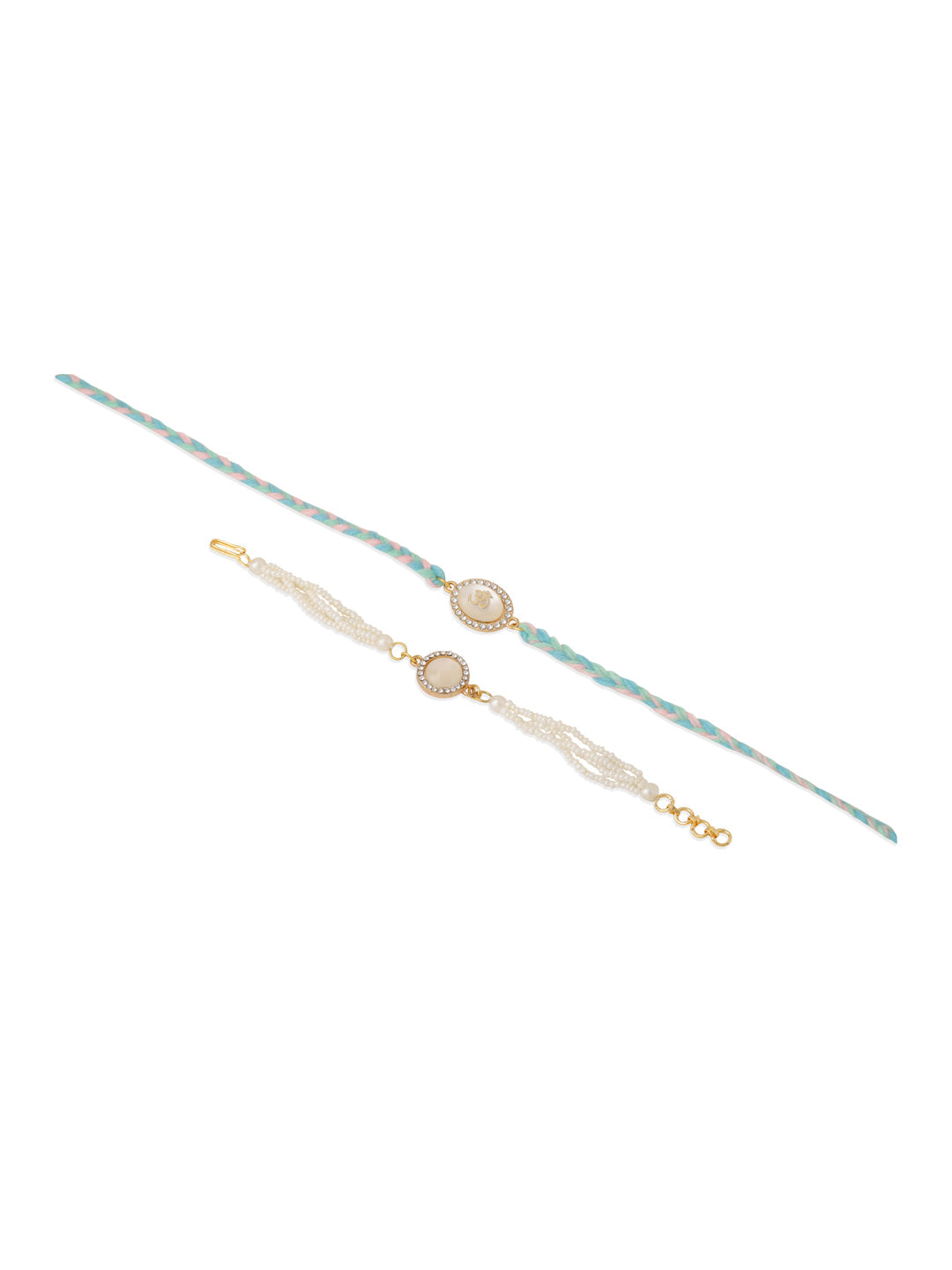 NVR Set of 2 White Pearls & Artificial Beads Bhaiya Bhabhi Rakhi with Roli Chawal Chandan & Mishri