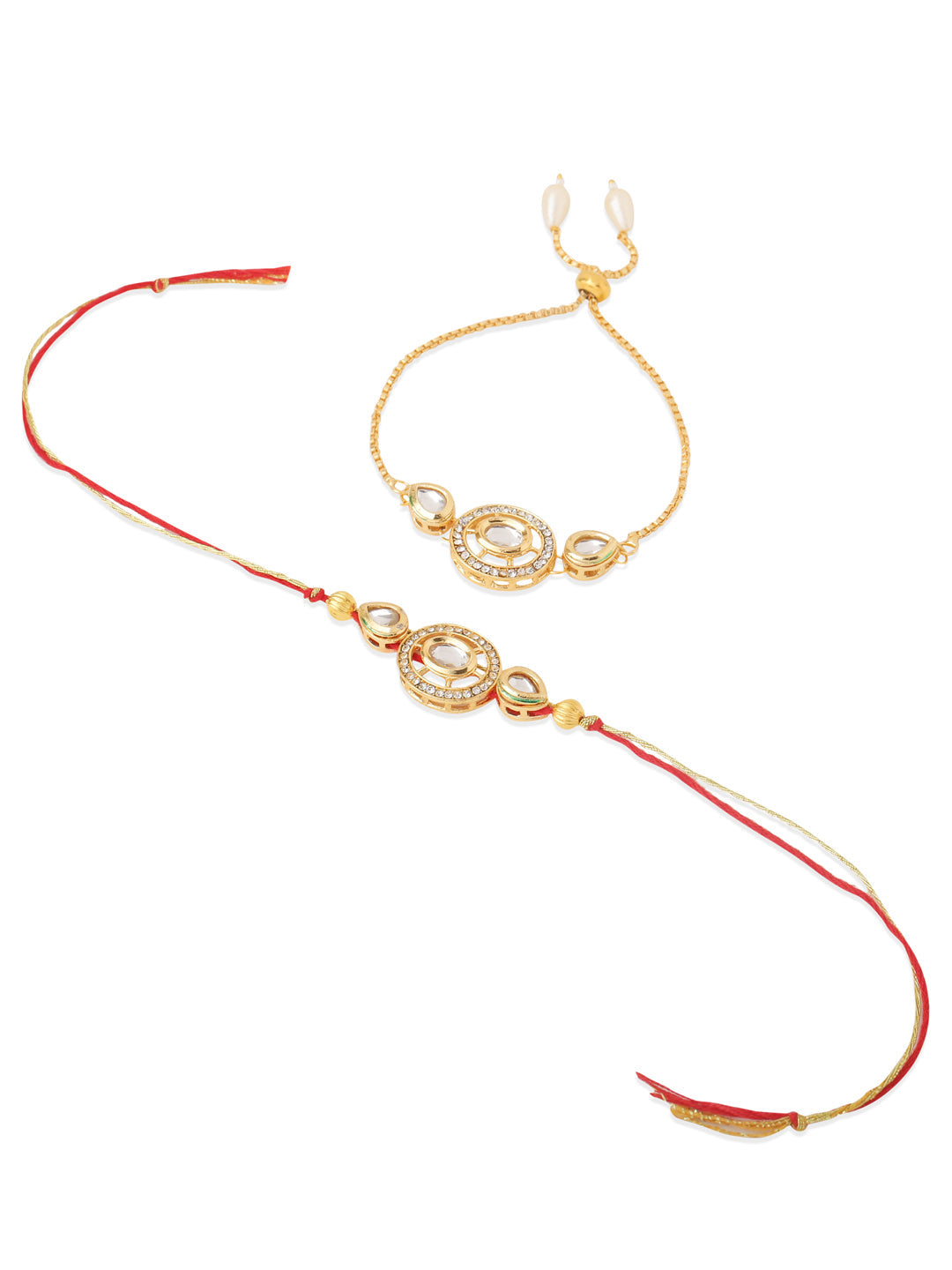 NVR Set of 2 Gold Toned Kundan Studded Bhaiya Bhabhi Rakhi Set, Combo for Rakshabandhan