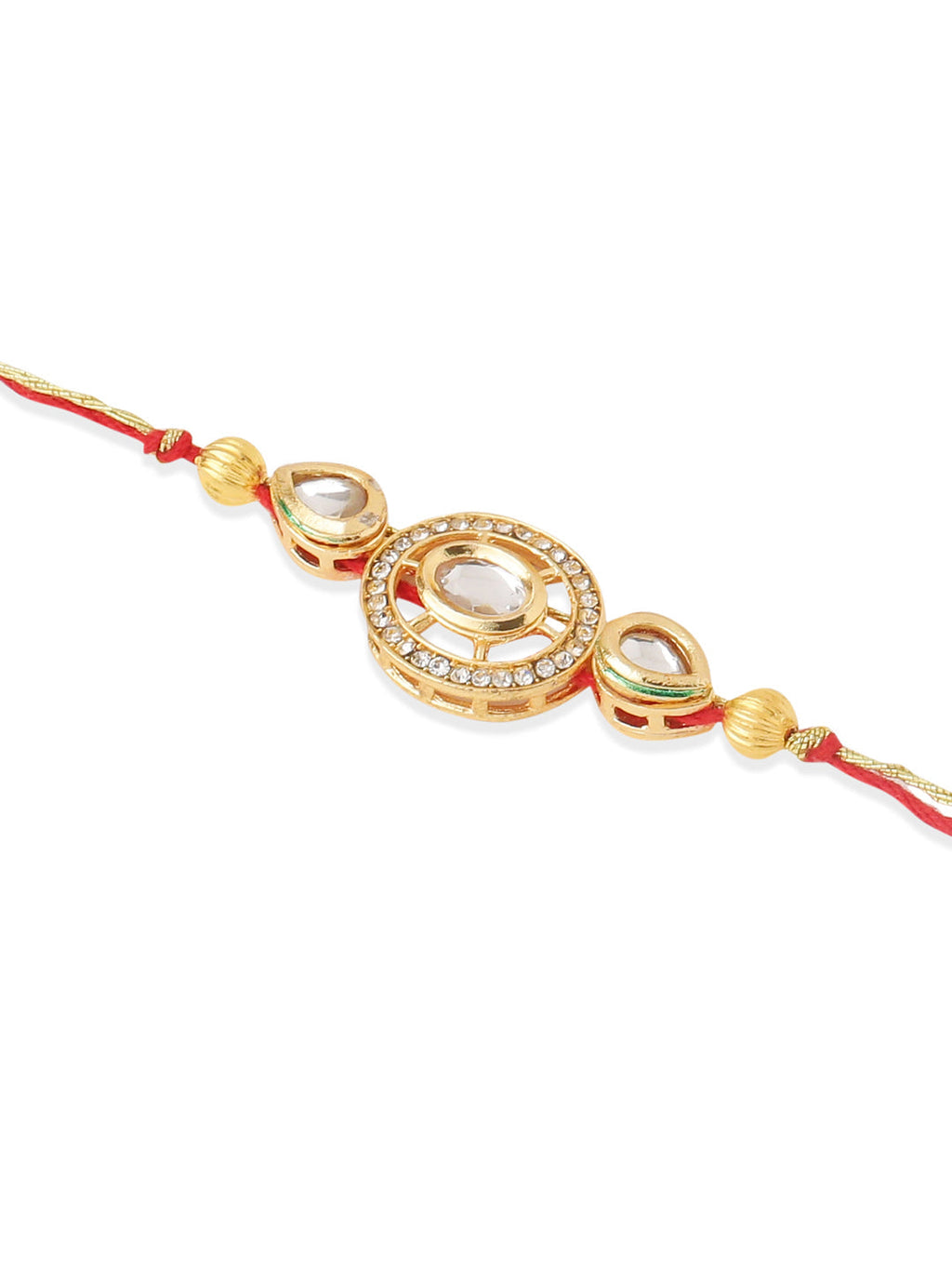 NVR Set of 2 Gold Toned Kundan Studded Bhaiya Bhabhi Rakhi with Roli Chawal Chandan & Mishri
