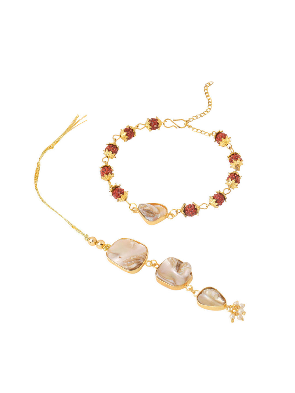 NVR Set of 2 Gold Toned Rudraksh & Pearls Bhaiya Bhabhi Rakhi Set, Combo for Rakshabandhan