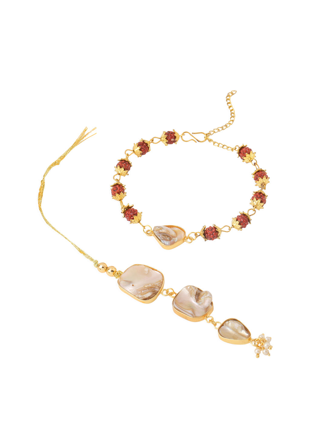 NVR Set of 2 Gold Toned Rudraksh & Pearls Bhaiya Bhabhi Rakhi Set, Combo for Rakshabandhan