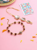 NVR Set of 2 Gold Toned Rudraksh & Pearls Bhaiya Bhabhi Rakhi with Roli Chawal Chandan & Mishri
