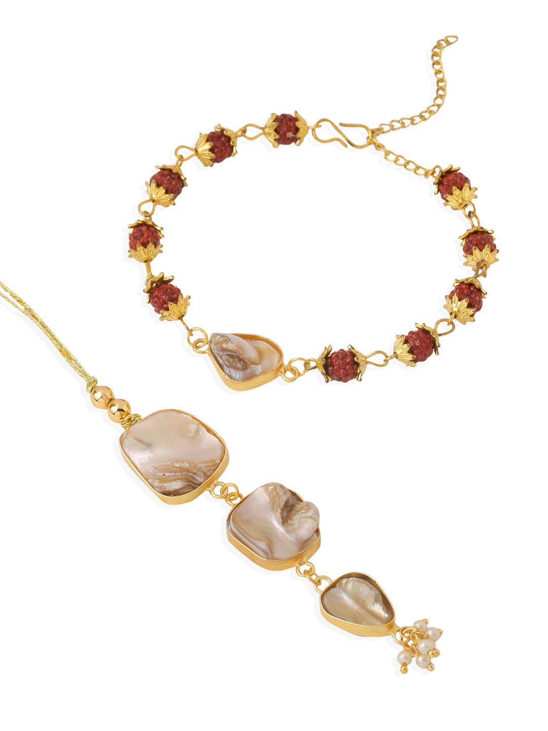 NVR Set of 2 Gold Toned Rudraksh & Pearls Bhaiya Bhabhi Rakhi with Roli Chawal Chandan & Mishri
