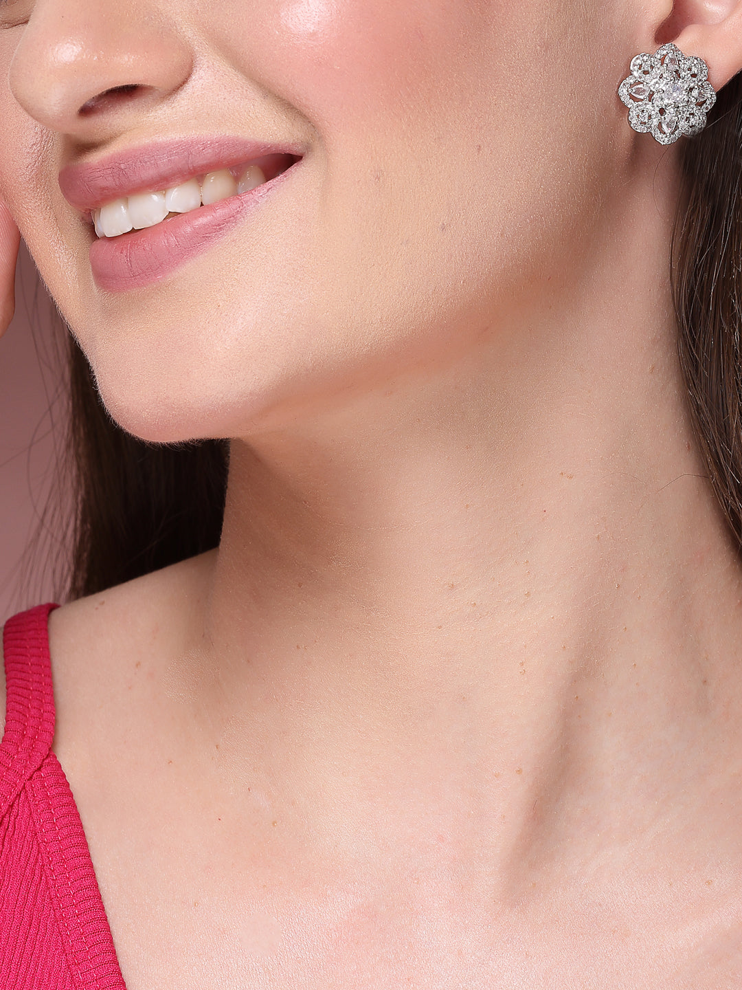 NVR Women's Silver-Plated AD- Studded Circular Shaped Studs Earring