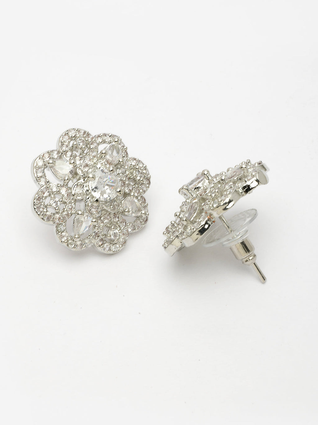 NVR Women's Silver-Plated AD- Studded Circular Shaped Studs Earring