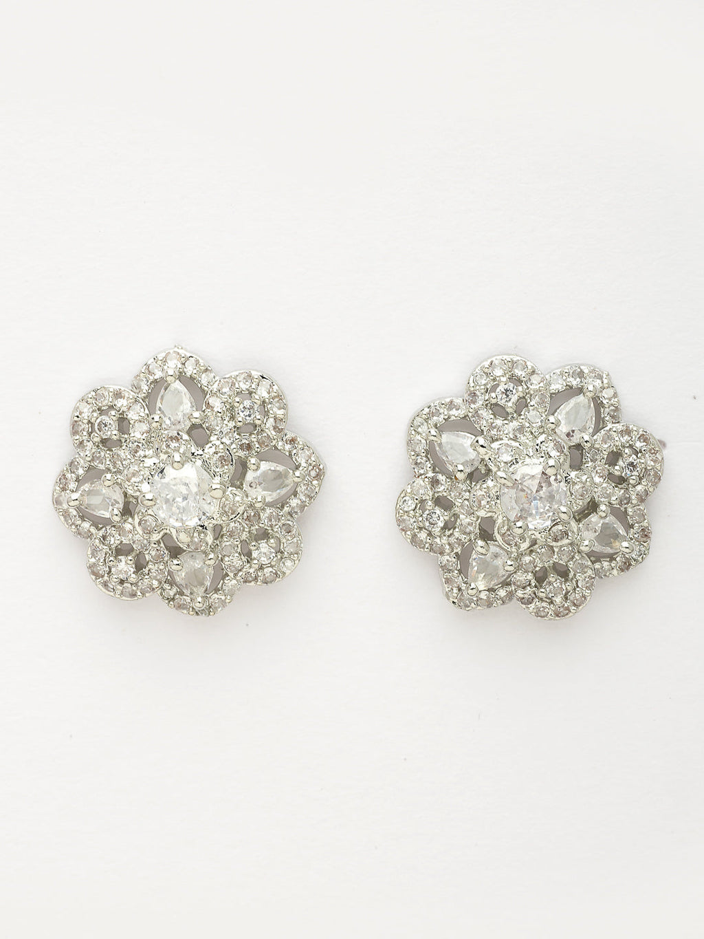 NVR Women's Silver-Plated AD- Studded Circular Shaped Studs Earring