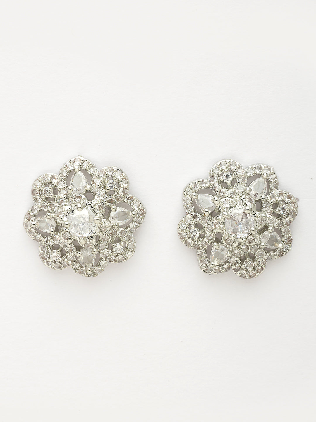 NVR Women's Silver-Plated AD- Studded Circular Shaped Studs Earring