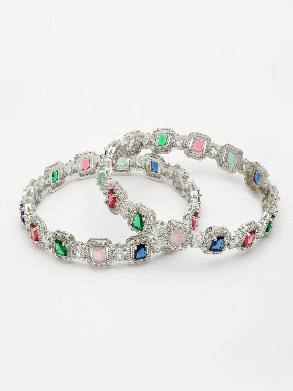 NVR Women's Set of 2 Multicolor Silver-Plated American Diamond Studded Bangles
