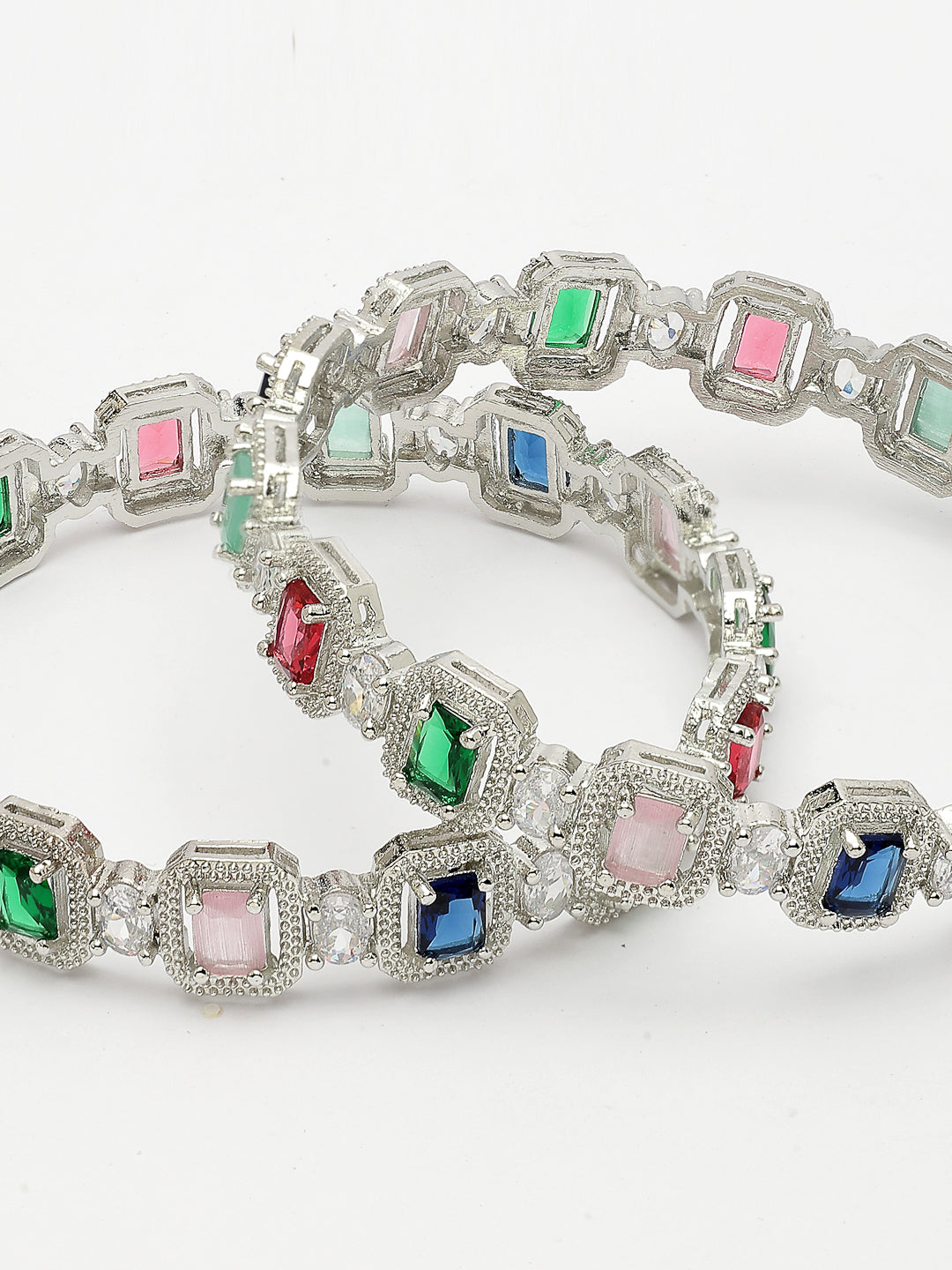 NVR Women's Set of 2 Multicolor Silver-Plated American Diamond Studded Bangles