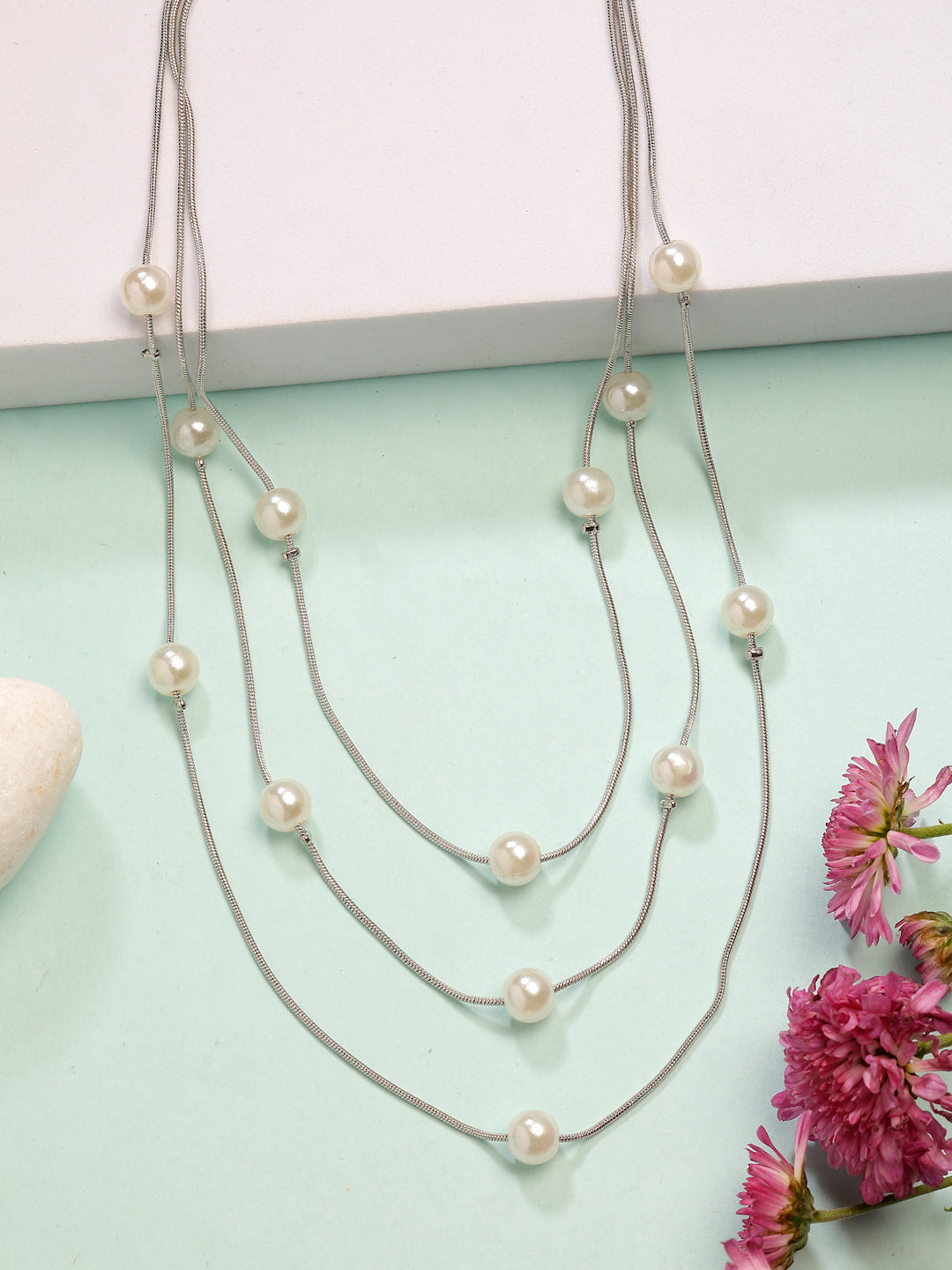 NVR Women's Silver-Plated White Pearls Party Layered Chain