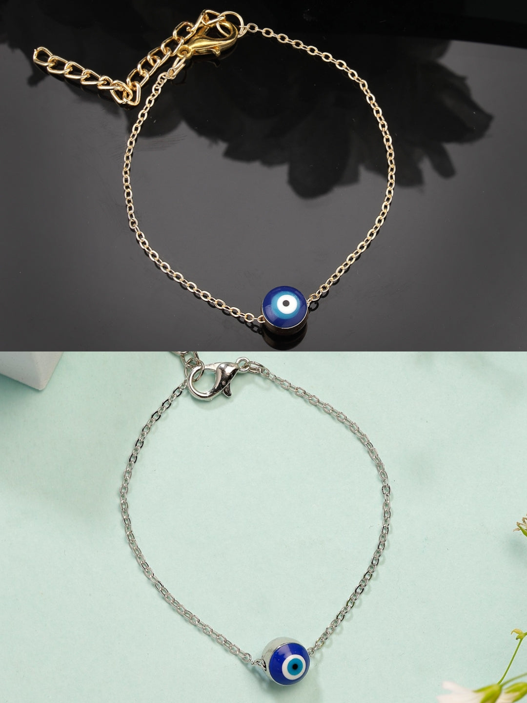 NVR Women's Set of 2 Gold & Silver Polished Evil eye Link Bracelet