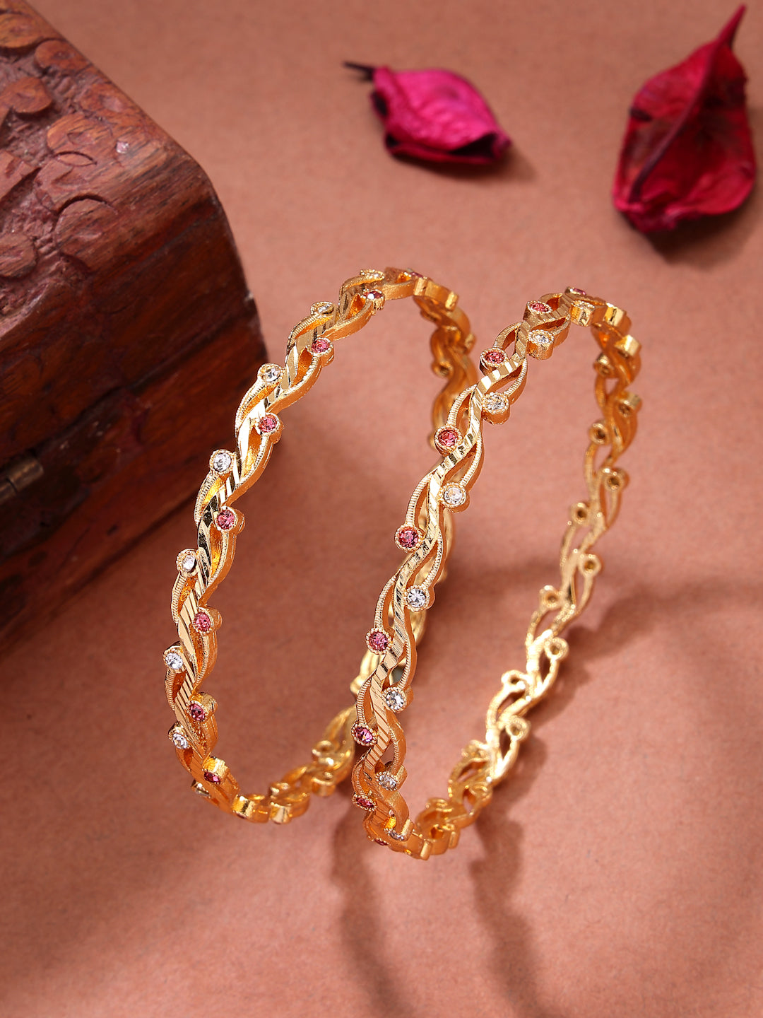 NVR Women's Set of 2 Gold-Polished Cubic Zirconia Stone Studded Bangles