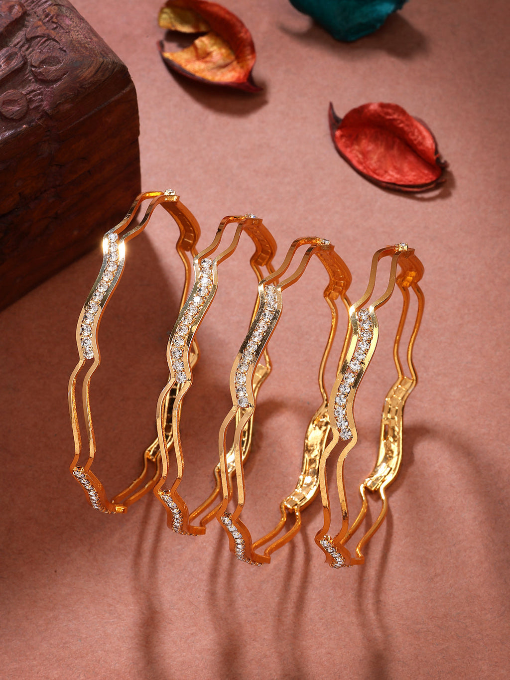 NVR Women's Set of 4 Gold-Polished Cubic Zirconia Stone Studded Bangles