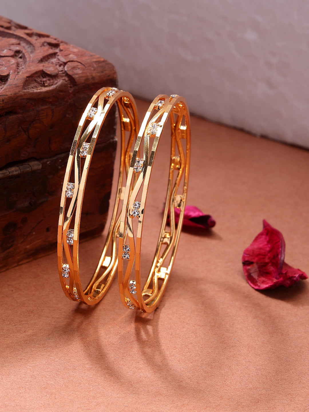 NVR Women's Set of 2 Gold-Polished Cubic Zirconia Stone Studded Bangles