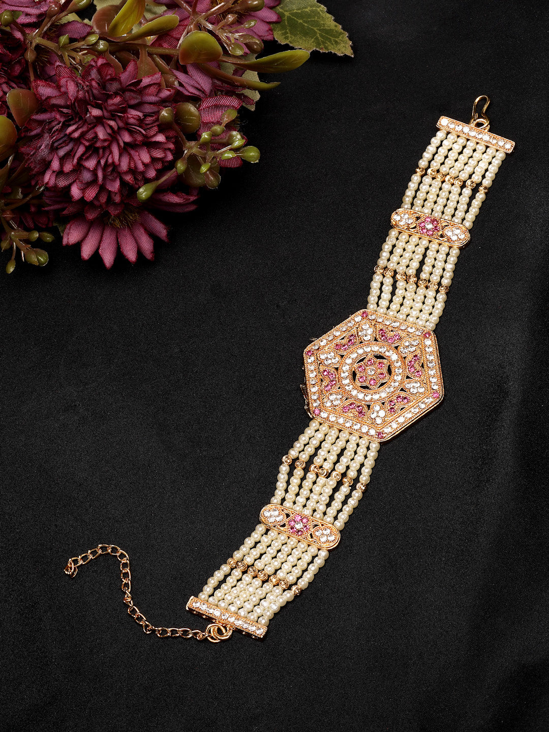 NVR Women's Gold-Polished Cubic Zirconia Stone Studded Link Bracelet