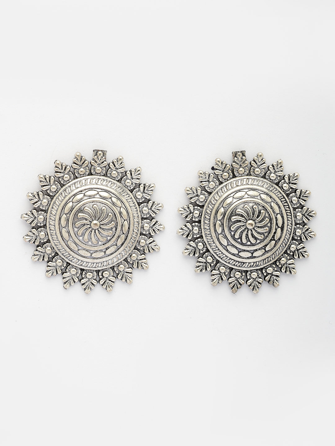 NVR Women Silver Plated Oxidized Circular Shape Stud Earrings