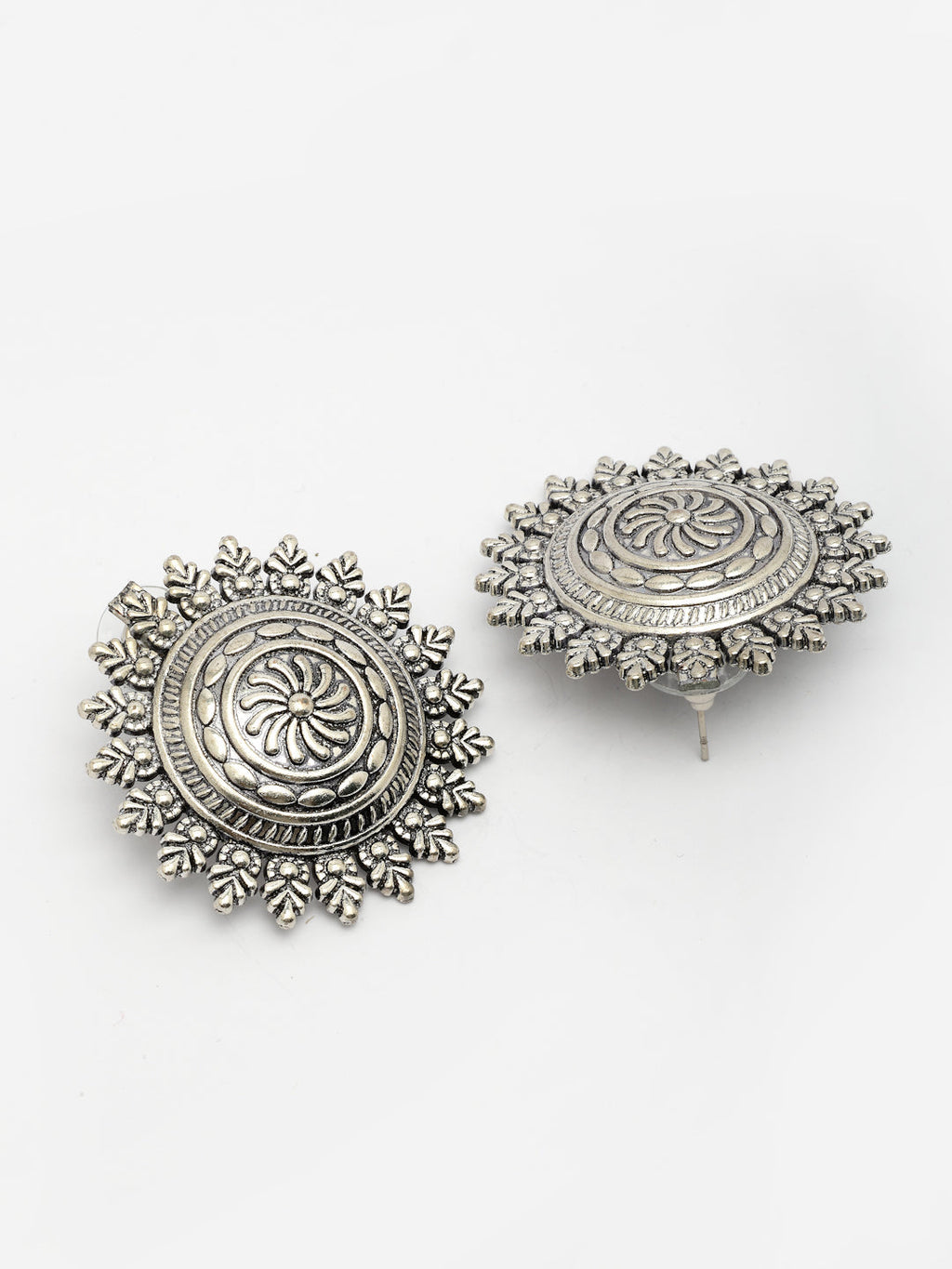 NVR Women Silver Plated Oxidized Circular Shape Stud Earrings