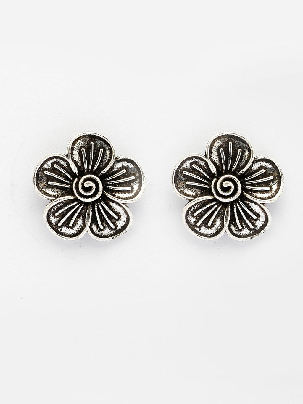 NVR Women Silver Plated Oxidized Floral Shape Stud Earrings