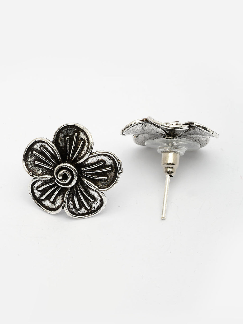NVR Women Silver Plated Oxidized Floral Shape Stud Earrings