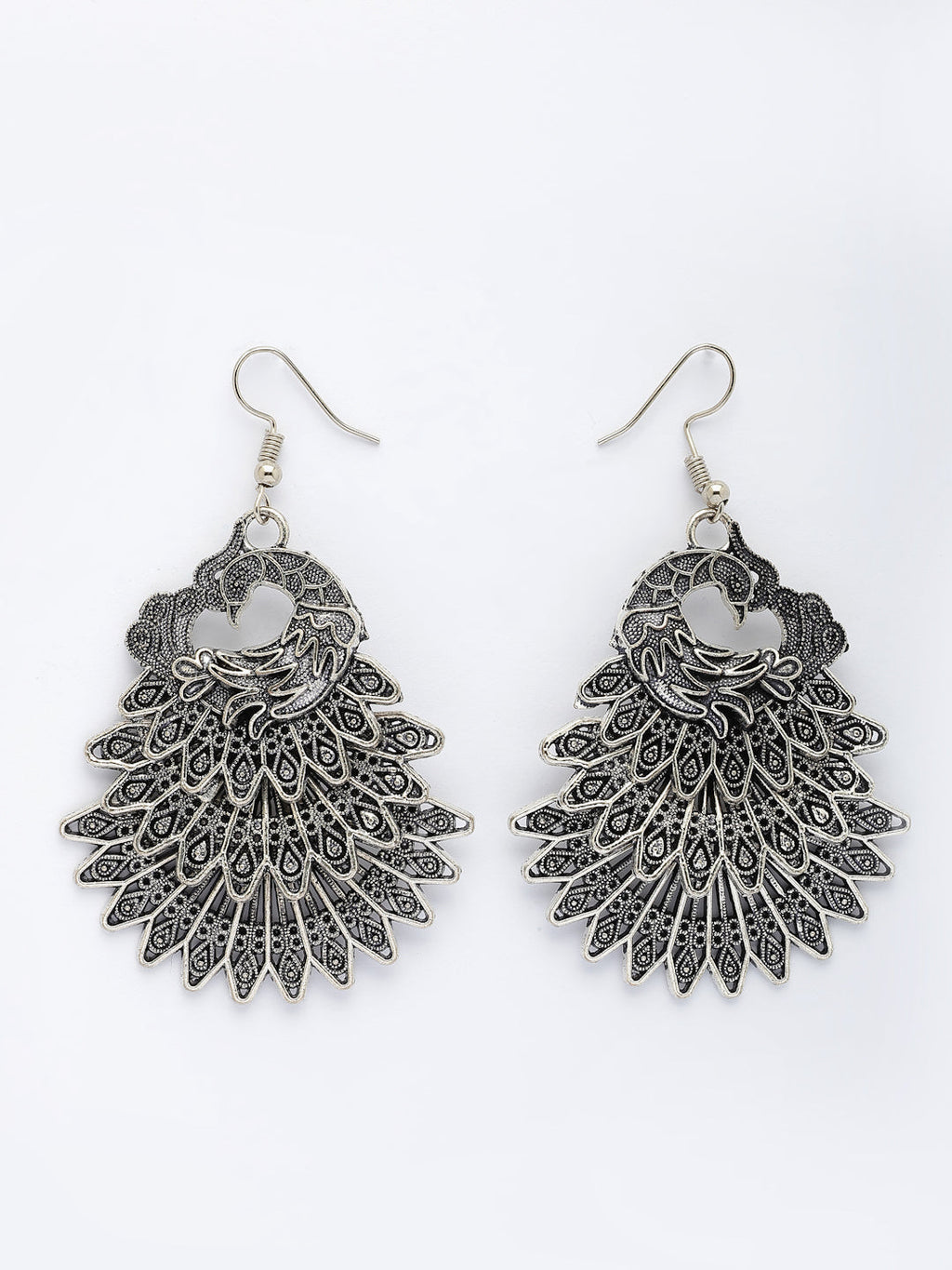 NVR Women's Silver Toned Oxidized Peacock Design Drop Earrings