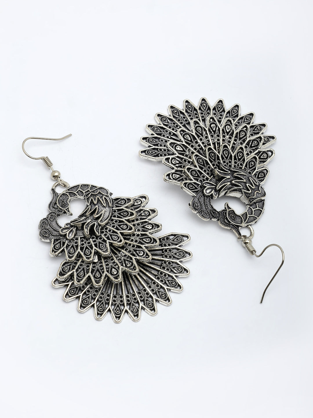 NVR Women's Silver Toned Oxidized Peacock Design Drop Earrings