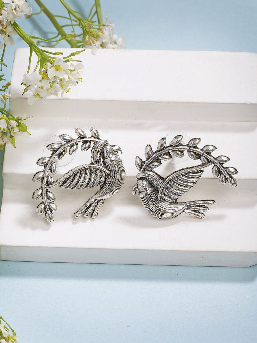 NVR Women Silver Toned Oxidized Pigeon Design Drop Earrings
