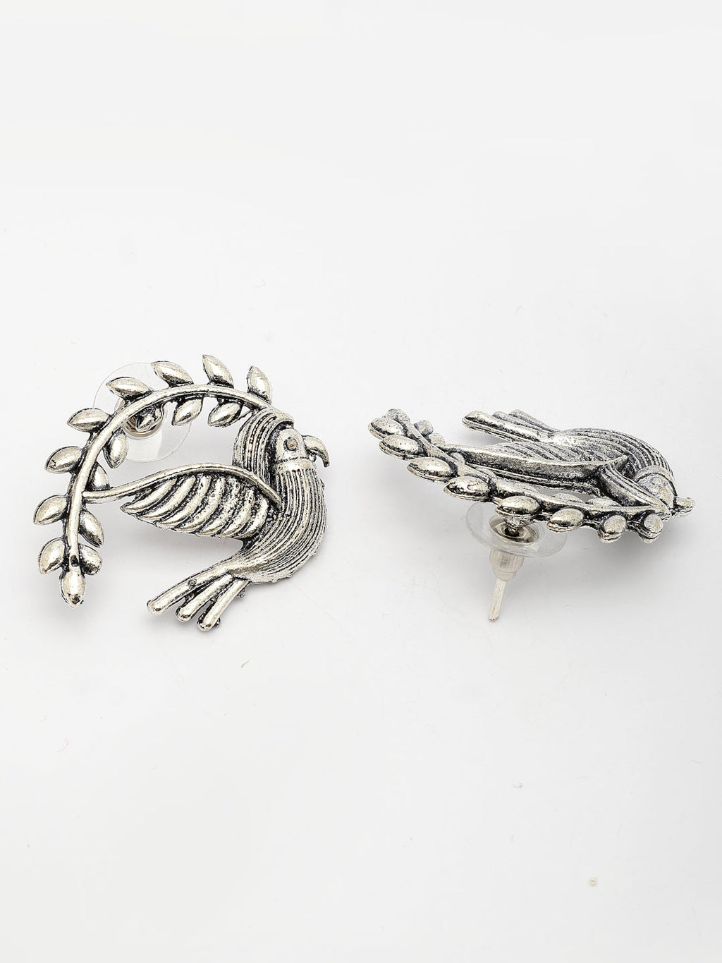 NVR Women Silver Toned Oxidized Pigeon Design Drop Earrings