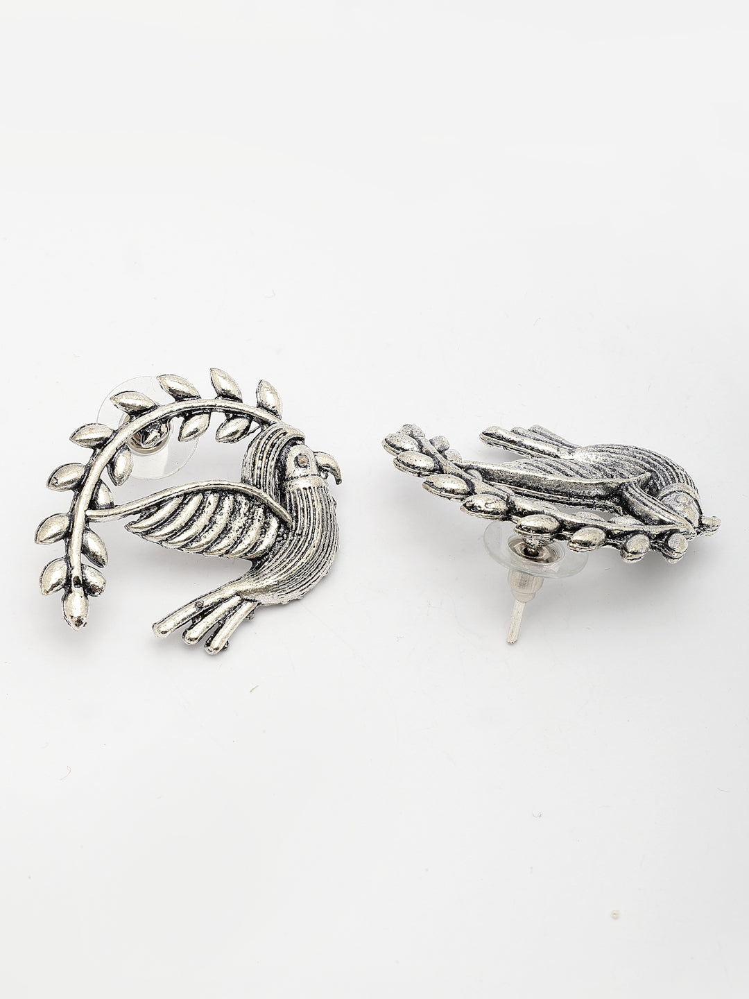NVR Women Silver Toned Oxidized Pigeon Design Drop Earrings