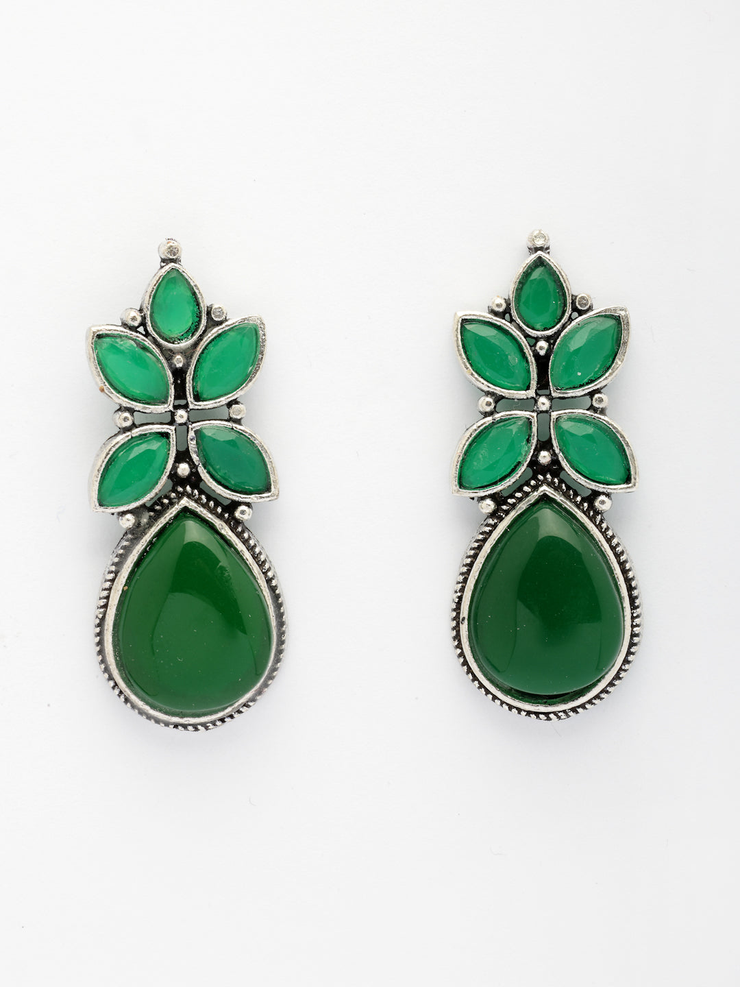 NVR Women Green Artificial Stones Silver Plated Drop Earrings