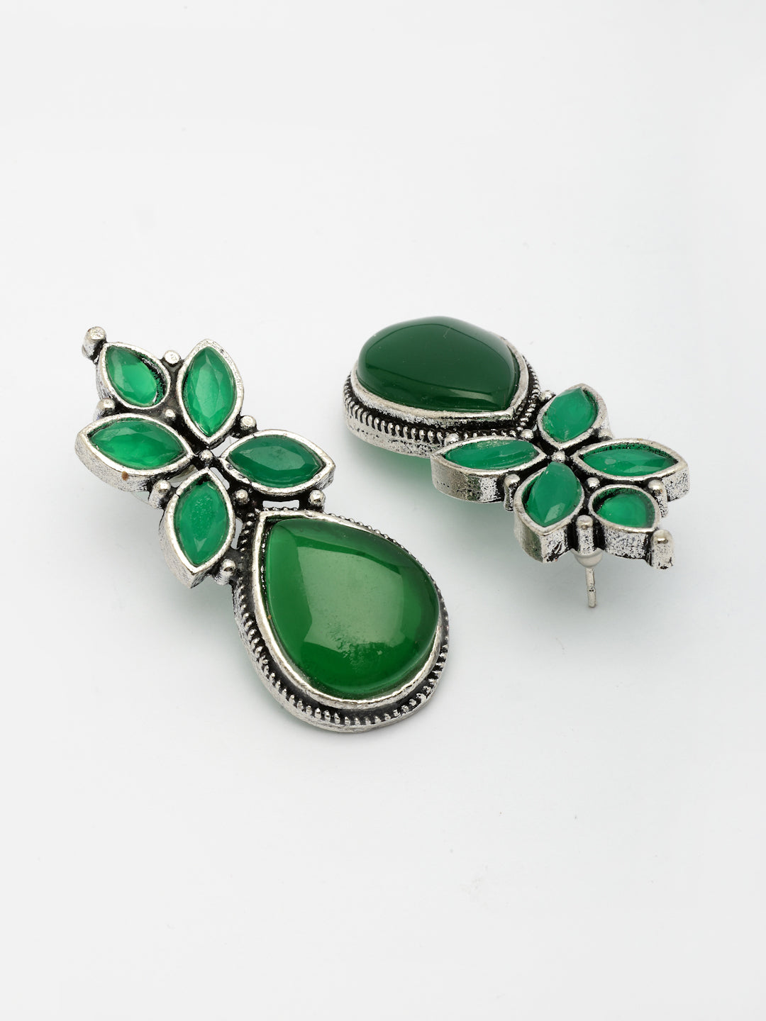 NVR Women Green Artificial Stones Silver Plated Drop Earrings