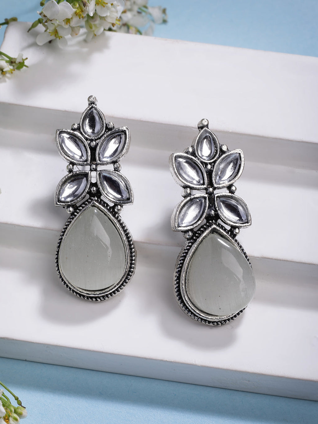 NVR Women White Artificial Stones Silver Plated Drop Earrings