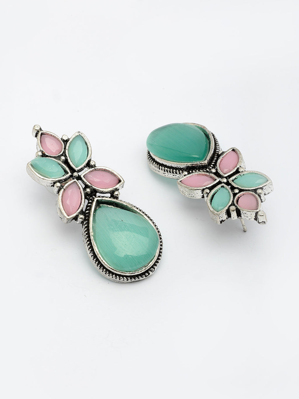 NVR Women Green & Pink Artificial Stones Silver Plated Drop Earrings