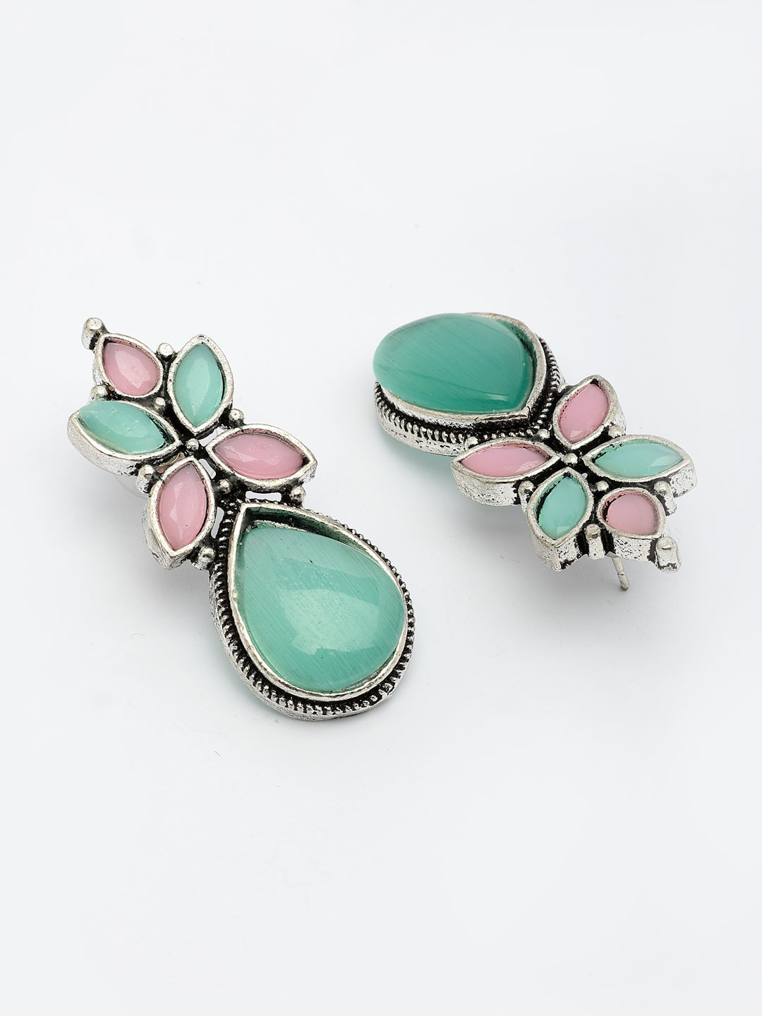 NVR Women Green & Pink Artificial Stones Silver Plated Drop Earrings