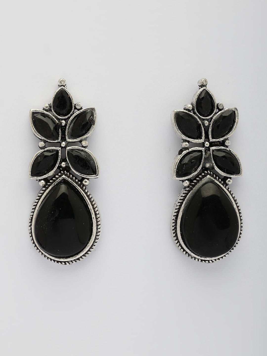 NVR Women Black Artificial Stones Silver Plated Drop Earrings