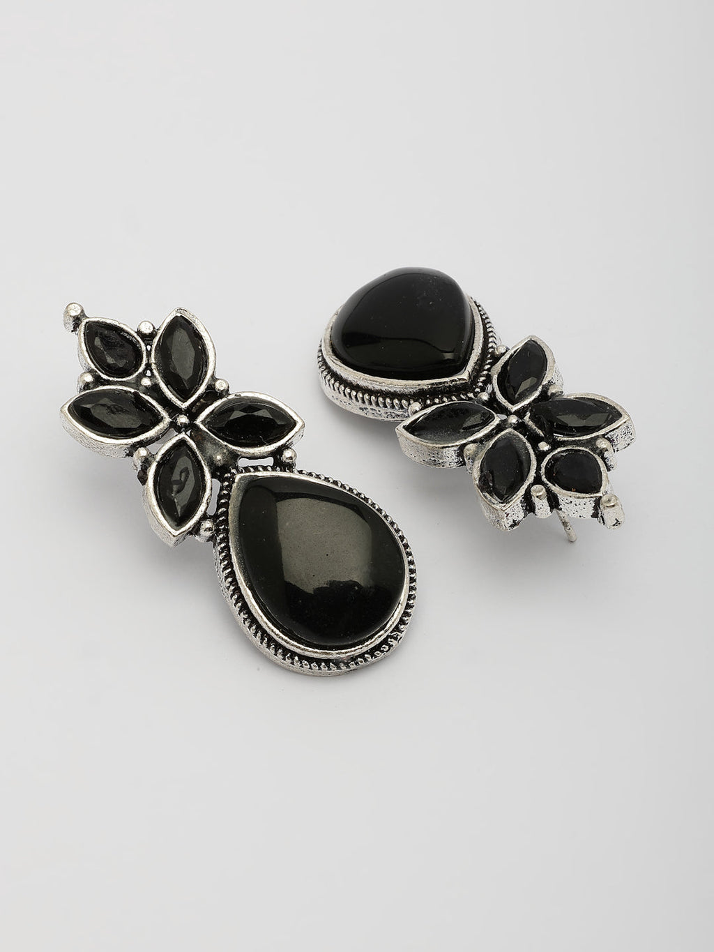 NVR Women Black Artificial Stones Silver Plated Drop Earrings