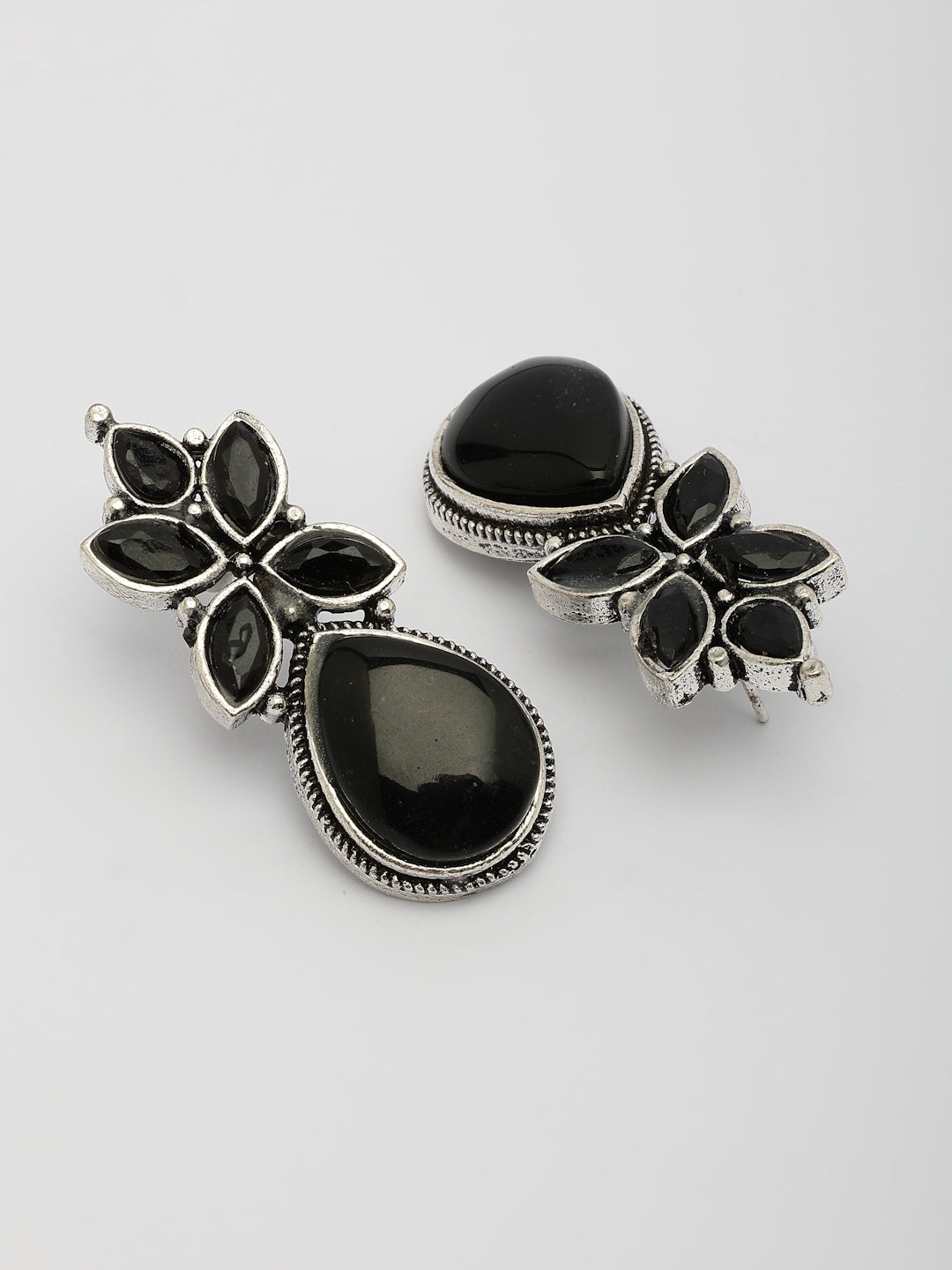 NVR Women Black Artificial Stones Silver Plated Drop Earrings