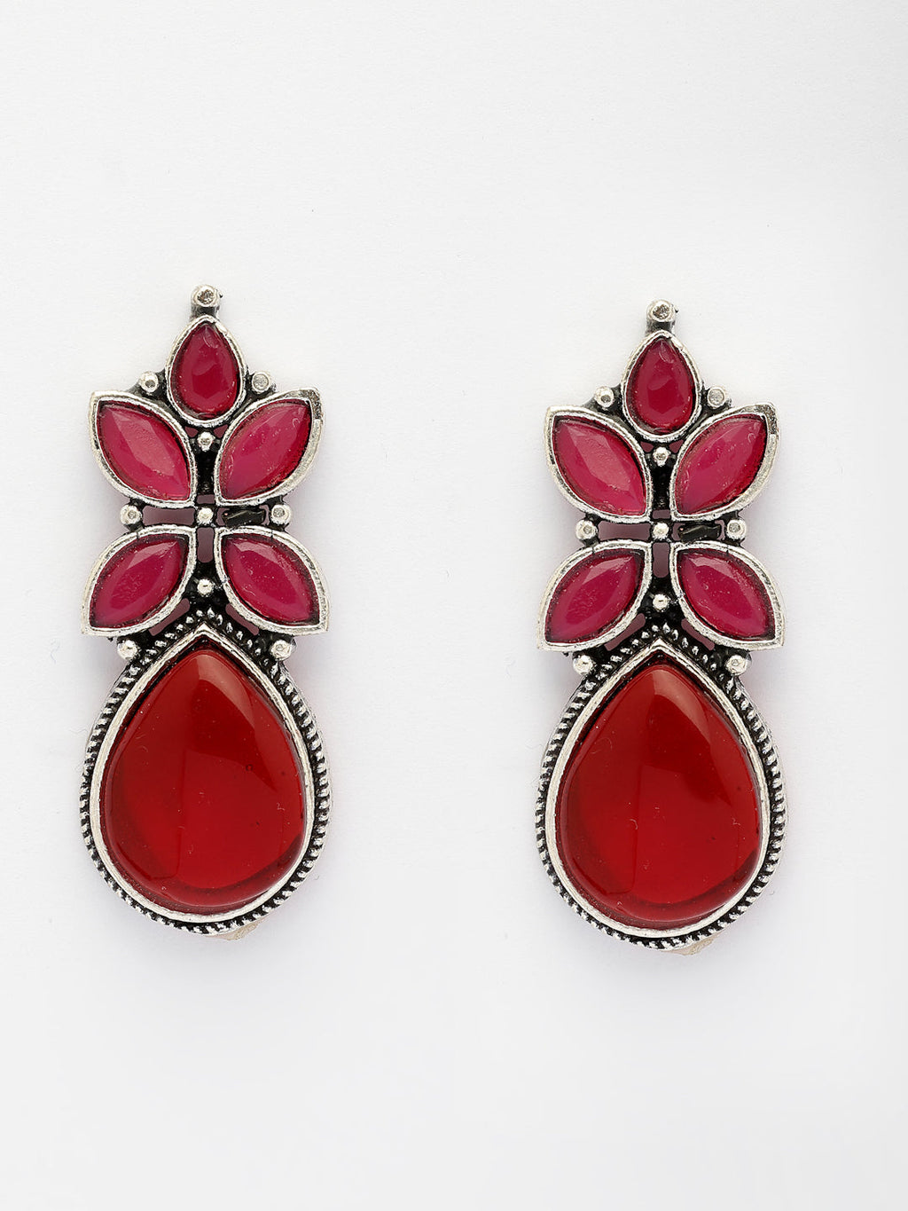 NVR Women Red Artificial Stones Silver Plated Drop Earrings