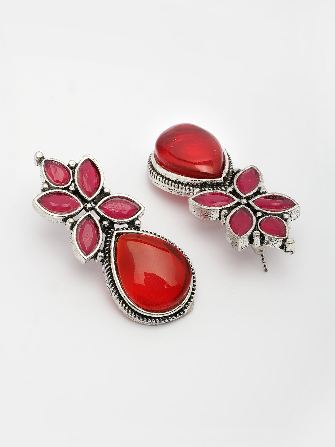 NVR Women Red Artificial Stones Silver Plated Drop Earrings