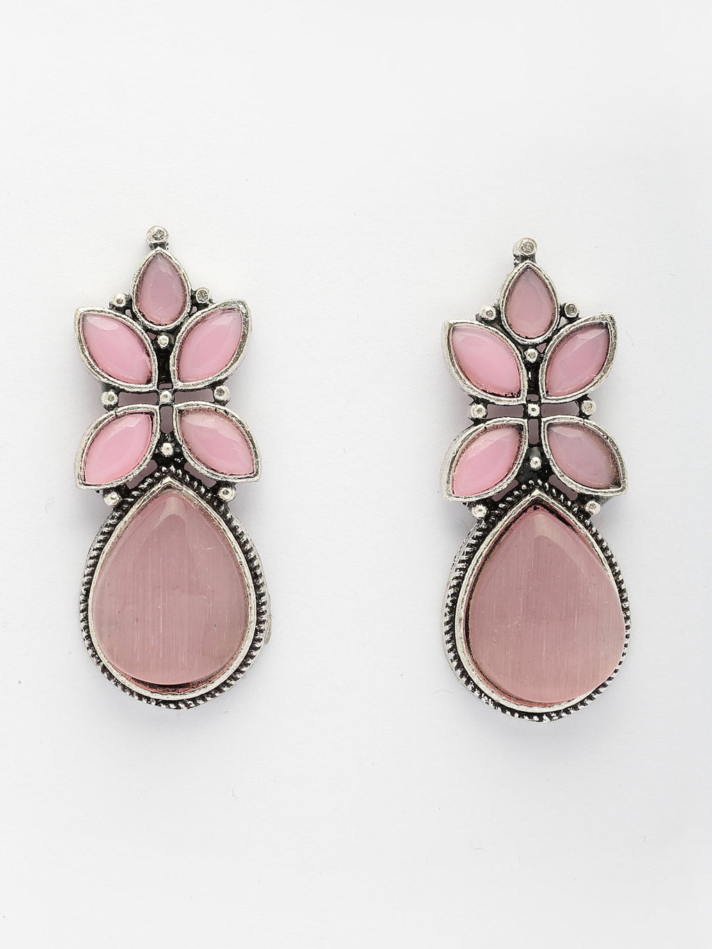 NVR Women Pink Artificial Stones Silver Plated Drop Earrings