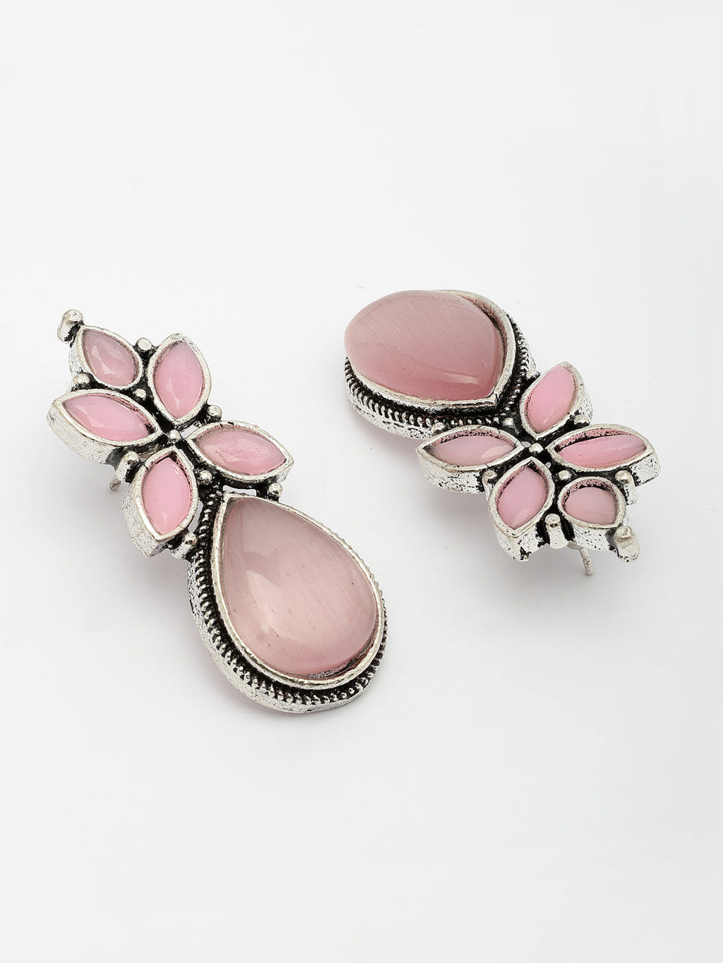 NVR Women Pink Artificial Stones Silver Plated Drop Earrings