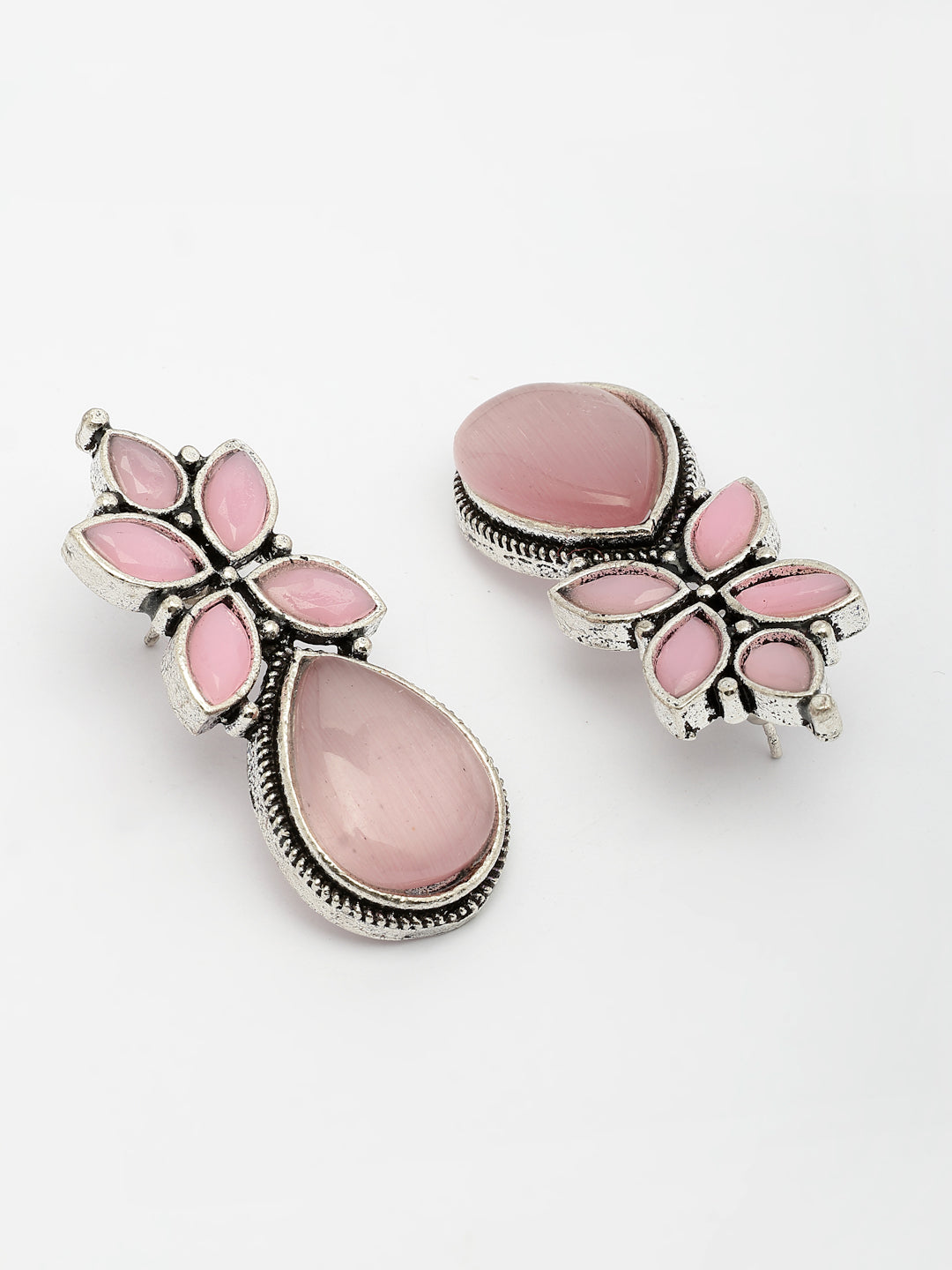 NVR Women Pink Artificial Stones Silver Plated Drop Earrings