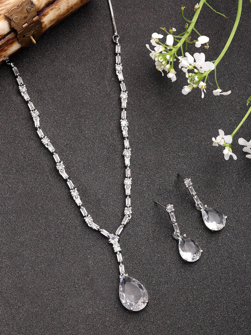 NVR Women's Silver-Plated White American Diamond-Studded Handcrafted Jewellery Set