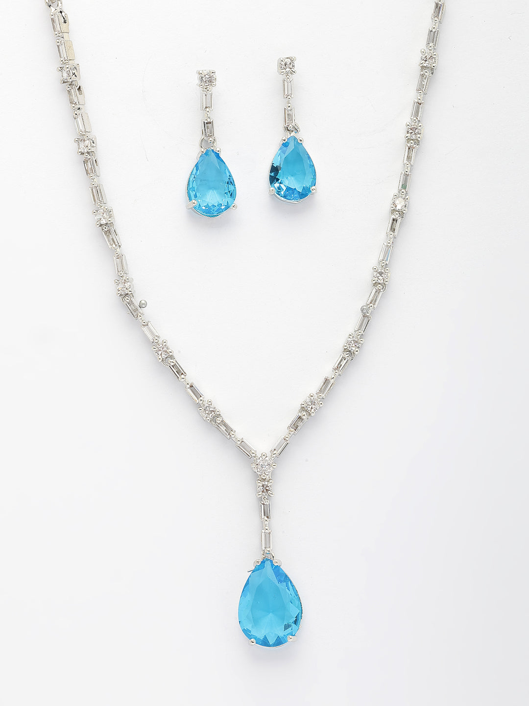 NVR Women's Silver-Plated Blue American Diamond-Studded Handcrafted Jewellery Set
