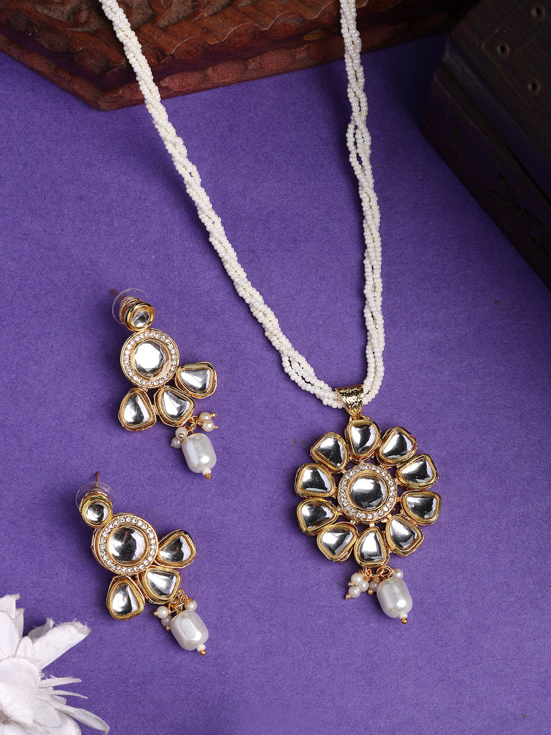 NVR Women Gold-Polished Kundan Studded & Pearls Long Jewellery Set