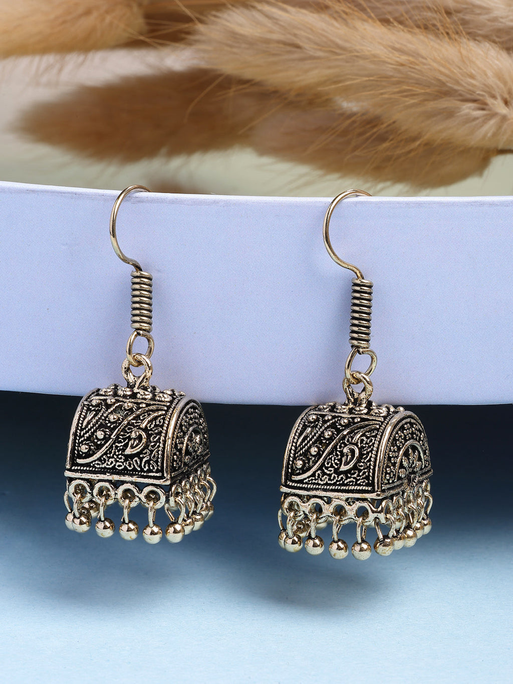NVR Women Gold-Polished Oxidized Contemporary Jhumka Earrings
