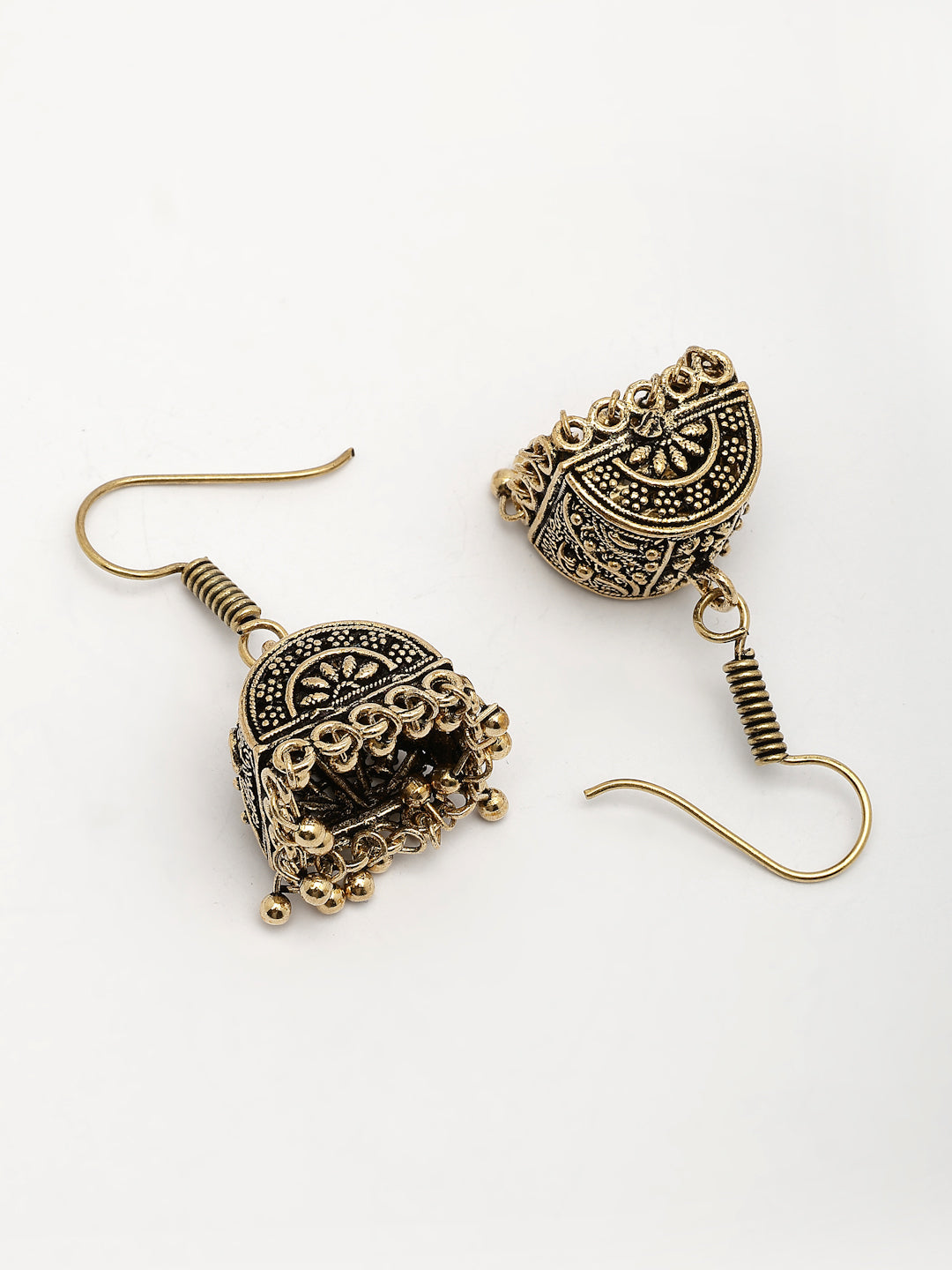 NVR Women Gold-Polished Oxidized Contemporary Jhumka Earrings