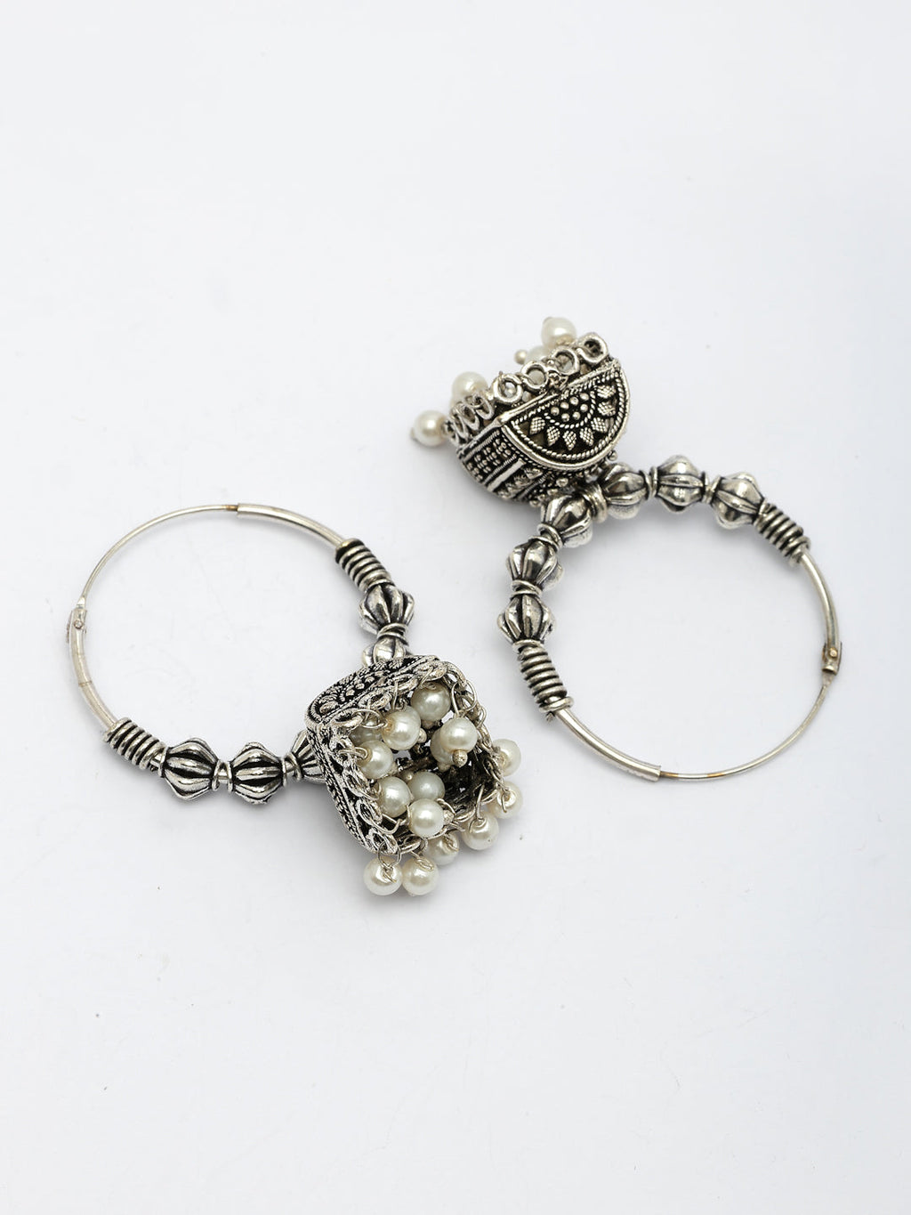 NVR Women Oxidized Silver Plated White Artificial Beads Jhumka Earrings